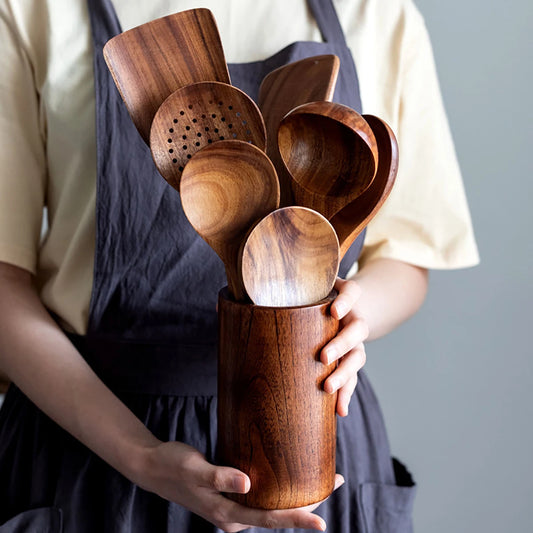 Rustic Kitchen Essentials – Wooden Spoon and Spatula Set with Storage