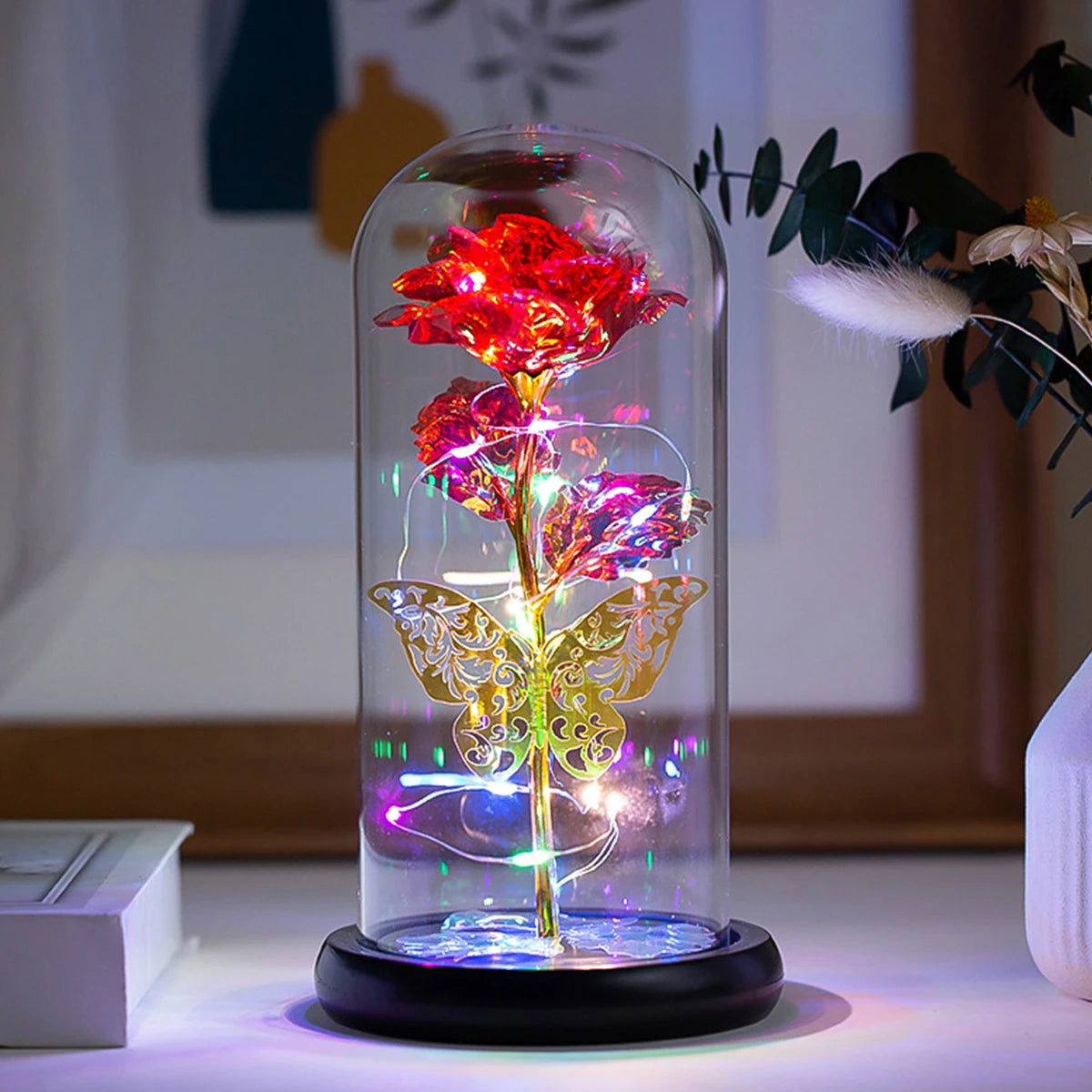 Timeless Beauty – Colourful LED Rose with Butterfly