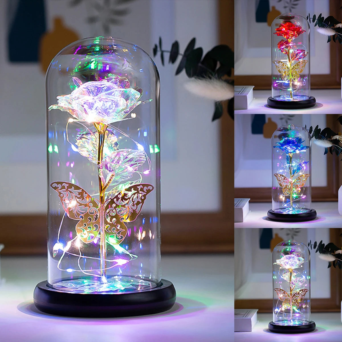 Timeless Beauty – Colourful LED Rose with Butterfly