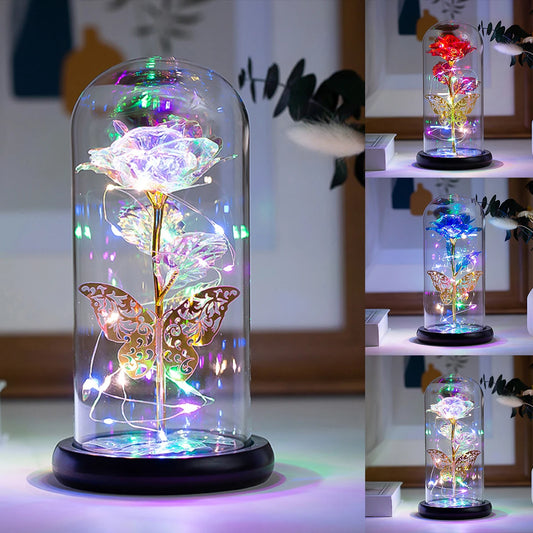 Timeless Beauty – Colourful LED Rose with Butterfly