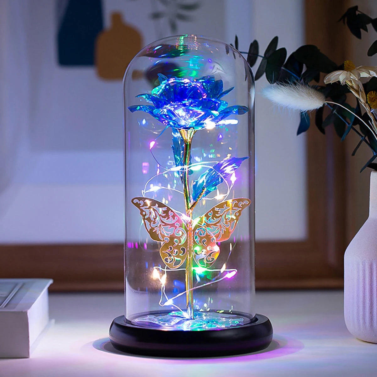 Timeless Beauty – Colourful LED Rose with Butterfly